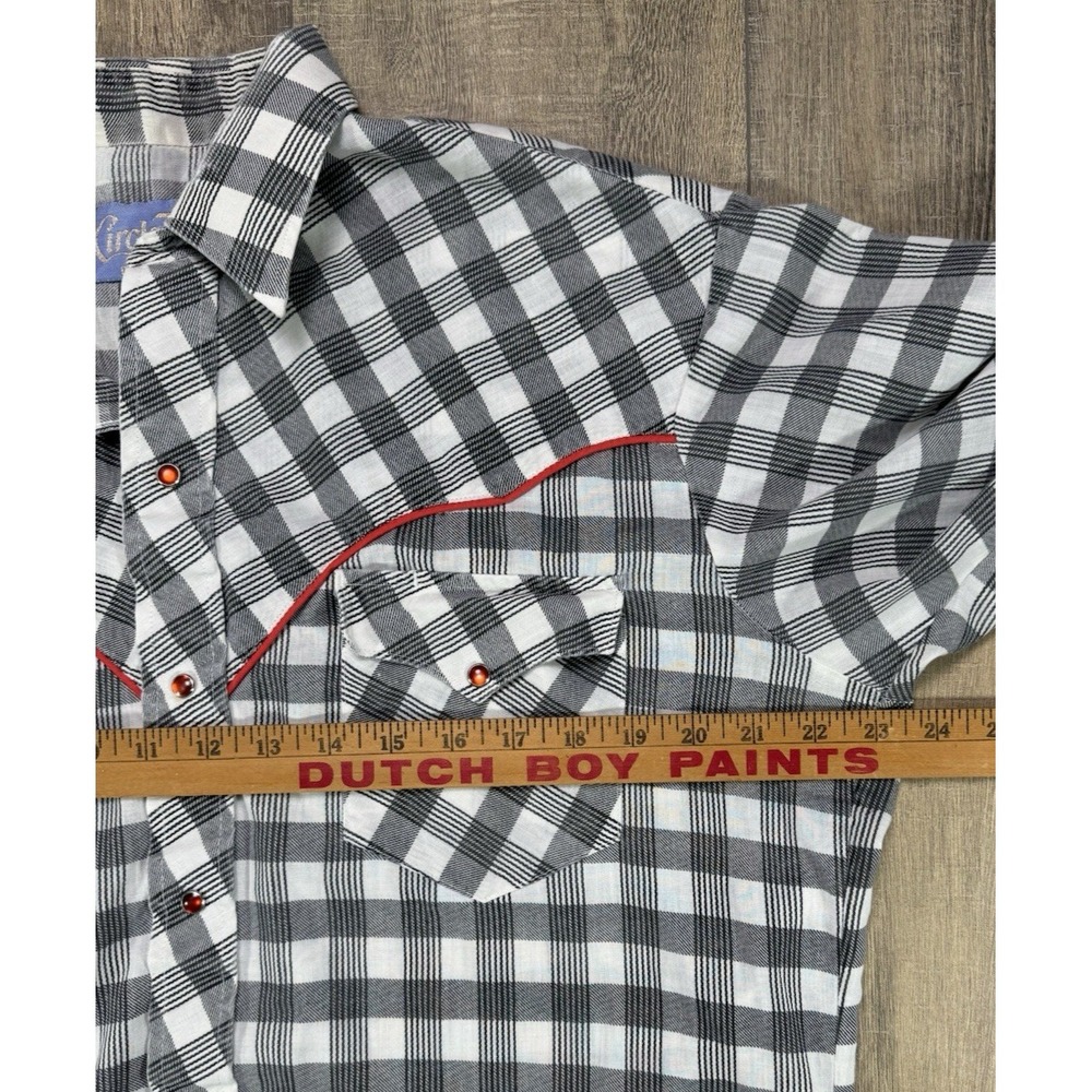Vintage 1970s Circle T Red Piping Pearl Snap Plaid Western Shirt Mens L - Picture 10 of 12